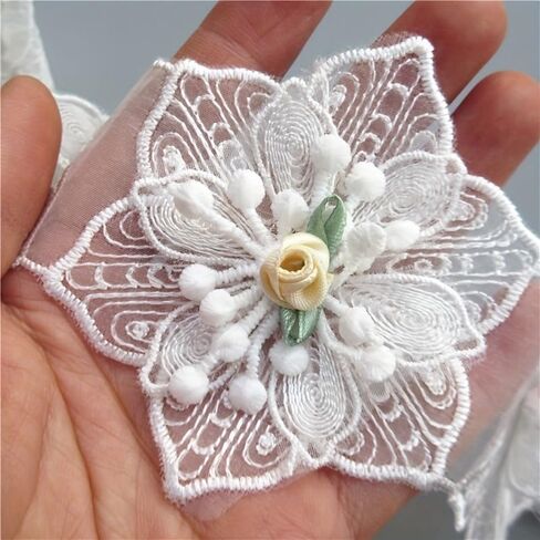 1 Yard（About 13 Flowers） White Cotton Hexagonal Flower Embroidered Lace Trim Ribbon Polyester Sewing Supplies for DIY Crafts in Saudi Arabia