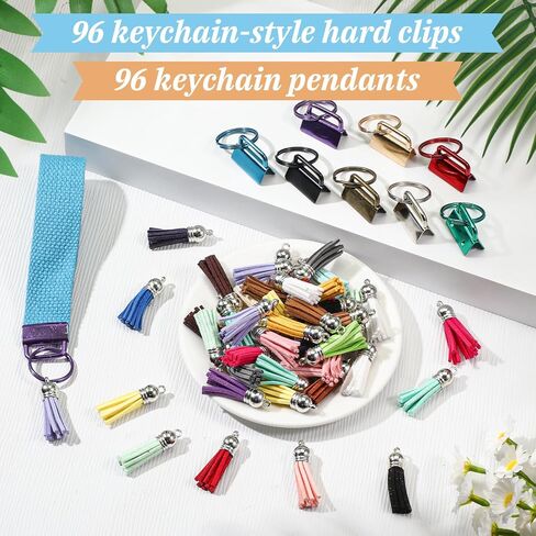 192 Pcs Key Fob Hardware Set Including 96 Key Fob Hardware 96 Tassels, Colorful 1'' Keychain Hardware 1.6'' Tassels Bulk Charms for Wristlet, Crafts, Lanyard, Key Chain Making Supplies in Saudi Arabia