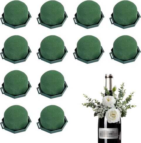 Flower Foam Holders, 12 Pcs Green Round Floral Foam with Adhesive & 38Yd Wire for Wine Bottle Arrangements, Wedding Centerpieces, DIY Fresh/Dried Artificial Flowers Decor in Kuwait