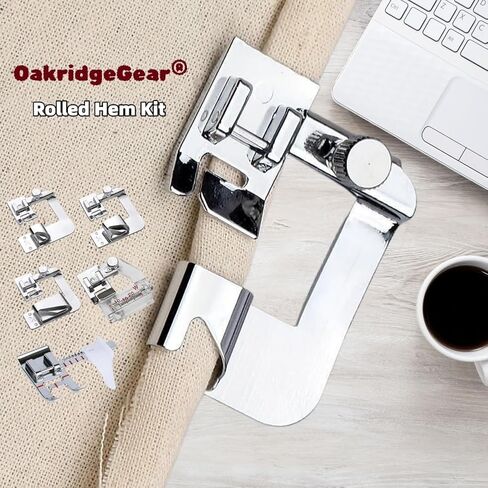 طقم قدم ضاغط بحاشية ملفوفة عريضة مكون من 5 قطع تتضمن أقدام هيمر مقاس 4/8 بوصة و6/8 بوصة و8/8 بوصة، وشريط قدم متحيز وقدم توجيه قابلة للتعديل لجميع ماكينات الخياطة ذات الساق المنخفضة على المغني والأخ والبيبي لوك والجانوم in Kuwait