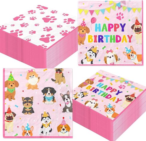 48Pcs Dog Napkins Pink Paw Print Napkins Disposable Paper Luncheon Napkin Puppy Party Supplies, Dog Themed Birthday Party Decorations in Kuwait