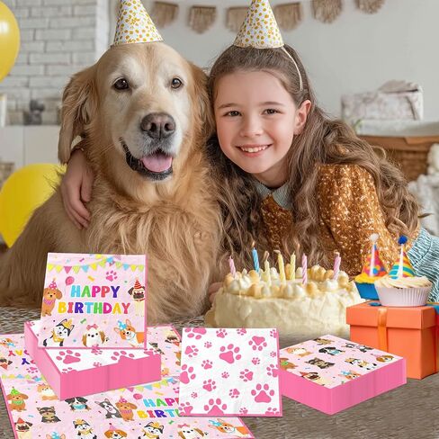 48Pcs Dog Napkins Pink Paw Print Napkins Disposable Paper Luncheon Napkin Puppy Party Supplies, Dog Themed Birthday Party Decorations in Kuwait