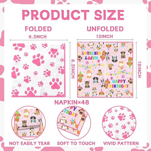 48Pcs Dog Napkins Pink Paw Print Napkins Disposable Paper Luncheon Napkin Puppy Party Supplies, Dog Themed Birthday Party Decorations in Kuwait