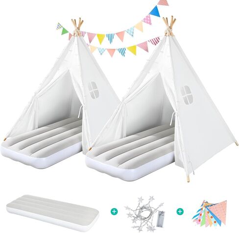 2 Pack Teepee Tent for Kids with Inflatable Airbed, Light, Indoor Toddler Sleepover Tents Children Room Tents for Slumber Party, Outdoor Kids Play Tent Play House for Girls & Boys in Saudi Arabia