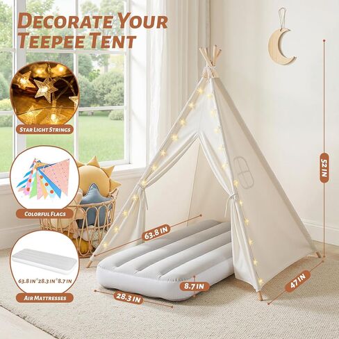2 Pack Teepee Tent for Kids with Inflatable Airbed, Light, Indoor Toddler Sleepover Tents Children Room Tents for Slumber Party, Outdoor Kids Play Tent Play House for Girls & Boys in Saudi Arabia