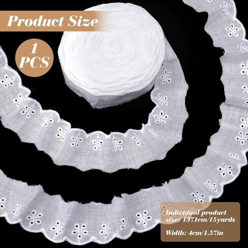TIESOME 15 Yards Lace Trim, White Eyelet Floral Embroidery Ribbon Wavy Edge Ruffle Lace for Sewing Dresses Clothes Bags Home Decor(1.57 Inch Wide) in Saudi Arabia