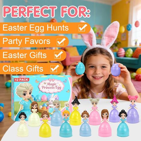 12PCS Pre Filled Easter Eggs Gifts for Kids with Transforms into Princess Toys Easter Basket Stuffers Easter Eggs Hunt Easter Party Favor Prize Classroom Rewards Toys for Girls in Saudi Arabia