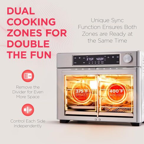 Ivation Dual Zone Air Fryer French Door Oven - 32 Quatity Convection Toaster Combo, 10-in-1 Multifunction Up to 450° - 1800W - Temperature Control, Timer - Stainless Steel - Dehydrate, Bake, Roast in Saudi Arabia