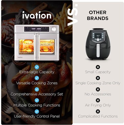 Ivation Dual Zone Air Fryer French Door Oven - 32 Quatity Convection Toaster Combo, 10-in-1 Multifunction Up to 450° - 1800W - Temperature Control, Timer - Stainless Steel - Dehydrate, Bake, Roast in Saudi Arabia