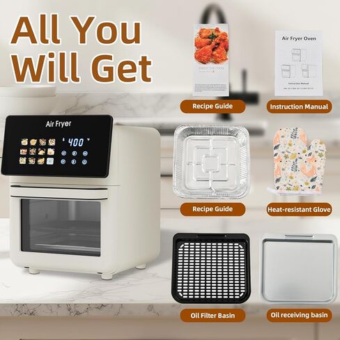 10L Large Xl Pro Air Fryer Oven With Grill Combo For Kitchen Countertop Use,12 in 1 Smart Convection Ovens,AirFryer With Glass View Window,Nonstick Basket,Fryer Liners,Removable Door-White in Kuwait