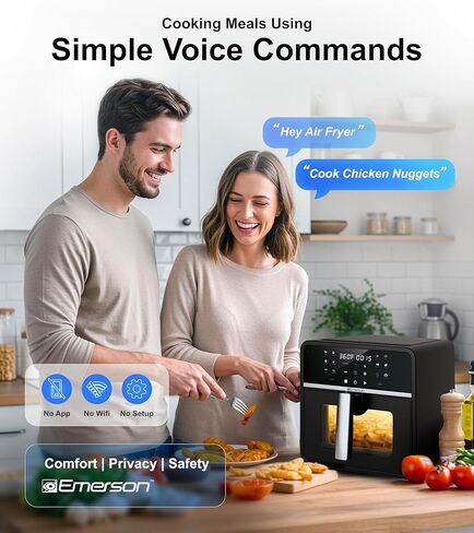 مقلاة هوائية Emerson SmartVoice 10QT 6 في 1، 1000+ أوامر تحكم صوتي، 100+ طعام معروف، بدون تطبيق، بدون WIFI، بدون إعداد، سلة غير لاصقة، قلي بالهواء، خبز، إعادة تسخين، تجفيف، 1700 واط in Saudi Arabia