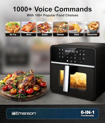 مقلاة هوائية Emerson SmartVoice 10QT 6 في 1، 1000+ أوامر تحكم صوتي، 100+ طعام معروف، بدون تطبيق، بدون WIFI، بدون إعداد، سلة غير لاصقة، قلي بالهواء، خبز، إعادة تسخين، تجفيف، 1700 واط in Saudi Arabia