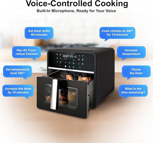مقلاة هوائية Emerson SmartVoice 10QT 6 في 1، 1000+ أوامر تحكم صوتي، 100+ طعام معروف، بدون تطبيق، بدون WIFI، بدون إعداد، سلة غير لاصقة، قلي بالهواء، خبز، إعادة تسخين، تجفيف، 1700 واط in Saudi Arabia
