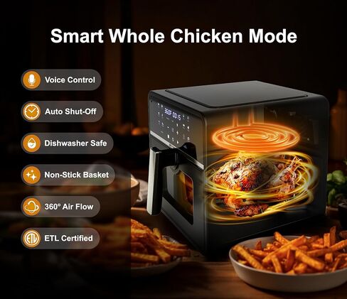 مقلاة هوائية Emerson SmartVoice 10QT 6 في 1، 1000+ أوامر تحكم صوتي، 100+ طعام معروف، بدون تطبيق، بدون WIFI، بدون إعداد، سلة غير لاصقة، قلي بالهواء، خبز، إعادة تسخين، تجفيف، 1700 واط in Saudi Arabia