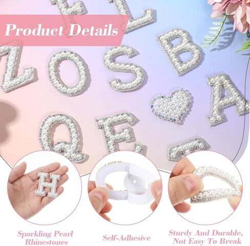 54 Pieces Self Adhesive Pearl Rhinestone Letter Patches A-Z Bling Rhinestone Letter Stickers Glitter Alphabet Appliques Sticker for DIY Clothes Bags Hats Phone Backpacks(White) in Kuwait