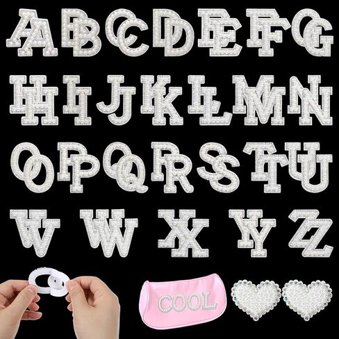 54 Pieces Self Adhesive Pearl Rhinestone Letter Patches A-Z Bling Rhinestone Letter Stickers Glitter Alphabet Appliques Sticker for DIY Clothes Bags Hats Phone Backpacks(White) in Kuwait