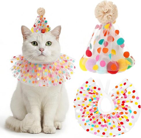 Cat Birthday Hat and Bandana, Cute Cat Party Costume Outfit Small Cats Kitten Party Hat Lace Bib Scarf for Birthday Celebrations Photograph in Kuwait