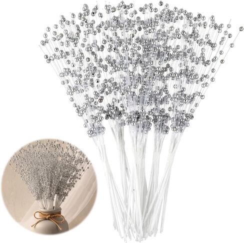 60 Pcs Wedding Pearl Sticks, 4mm Pearls String Beaded Bouquet Spray Filler Floral Arrangements, Silver Flowers Stick Stems Bouquets Christmas Tree Picks Wedding Party Decoration in Saudi Arabia