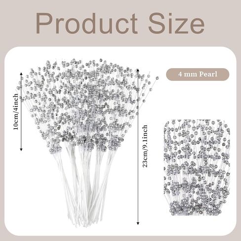 60 Pcs Wedding Pearl Sticks, 4mm Pearls String Beaded Bouquet Spray Filler Floral Arrangements, Silver Flowers Stick Stems Bouquets Christmas Tree Picks Wedding Party Decoration in Saudi Arabia
