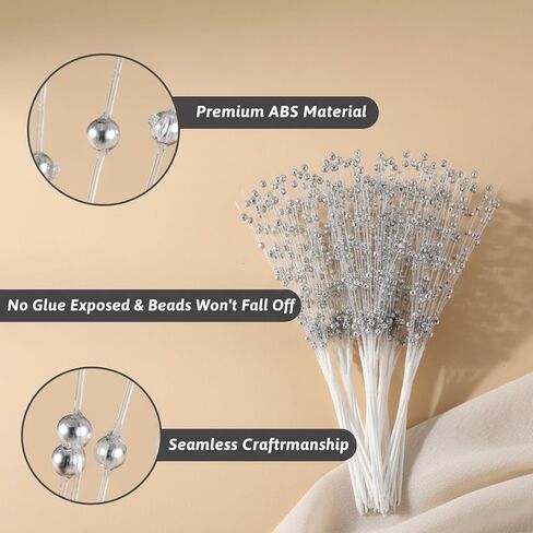 60 Pcs Wedding Pearl Sticks, 4mm Pearls String Beaded Bouquet Spray Filler Floral Arrangements, Silver Flowers Stick Stems Bouquets Christmas Tree Picks Wedding Party Decoration in Saudi Arabia