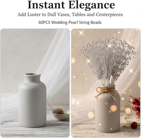 60 Pcs Wedding Pearl Sticks, 4mm Pearls String Beaded Bouquet Spray Filler Floral Arrangements, Silver Flowers Stick Stems Bouquets Christmas Tree Picks Wedding Party Decoration in Saudi Arabia