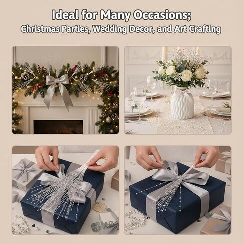 60 Pcs Wedding Pearl Sticks, 4mm Pearls String Beaded Bouquet Spray Filler Floral Arrangements, Silver Flowers Stick Stems Bouquets Christmas Tree Picks Wedding Party Decoration in Saudi Arabia