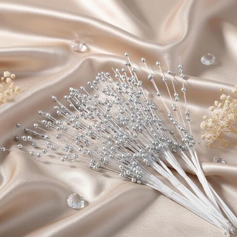 60 Pcs Wedding Pearl Sticks, 4mm Pearls String Beaded Bouquet Spray Filler Floral Arrangements, Silver Flowers Stick Stems Bouquets Christmas Tree Picks Wedding Party Decoration in Saudi Arabia