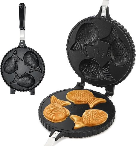 ZOOFOX Taiyaki Fish-shaped Waffle Maker, 3 Fish Shaped Cake Pan with Non Stick Cooking Plate, Japanese Fish Shaped Waffle Iron Double Pan Mold, Easy to Clean in Saudi Arabia