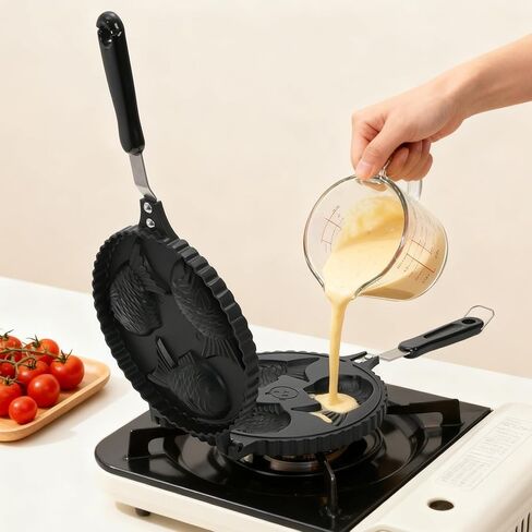 ZOOFOX Taiyaki Fish-shaped Waffle Maker, 3 Fish Shaped Cake Pan with Non Stick Cooking Plate, Japanese Fish Shaped Waffle Iron Double Pan Mold, Easy to Clean in Saudi Arabia