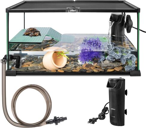 طقم خزان السلاحف الزجاجي من Oiibo، 10 جالون، 20 بوصة × 12 بوصة × 10 بوصة، طقم بداية لخزان السلاحف مع نظام صرف، ومنصة تشمس وزاوية حوض السمك الهادئ، فلتر داخلي لتررم السلحفاة المائية in Kuwait