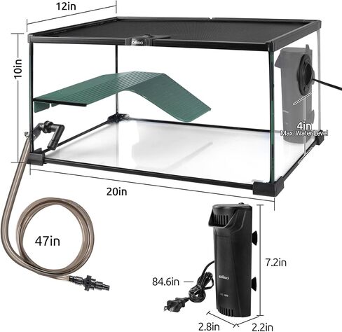 طقم خزان السلاحف الزجاجي من Oiibo، 10 جالون، 20 بوصة × 12 بوصة × 10 بوصة، طقم بداية لخزان السلاحف مع نظام صرف، ومنصة تشمس وزاوية حوض السمك الهادئ، فلتر داخلي لتررم السلحفاة المائية in Kuwait