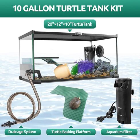 طقم خزان السلاحف الزجاجي من Oiibo، 10 جالون، 20 بوصة × 12 بوصة × 10 بوصة، طقم بداية لخزان السلاحف مع نظام صرف، ومنصة تشمس وزاوية حوض السمك الهادئ، فلتر داخلي لتررم السلحفاة المائية in Kuwait