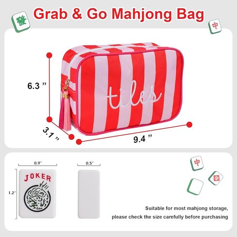 حقيبة بلاط Mahjong - حافظة مطرزة مخططة باللونين الأحمر والوردي لـ 166 بلاطة من بلاط Mahjong الأمريكي (1.2 بوصة)، حقيبة تخزين محمولة بسحاب للسفر وألعاب اللوحة لمحبي Mahjong، والحفلات والتجمعات (الحقيبة فقط) in Kuwait