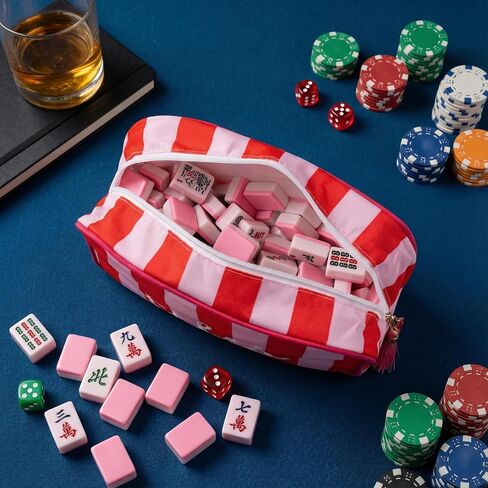حقيبة بلاط Mahjong - حافظة مطرزة مخططة باللونين الأحمر والوردي لـ 166 بلاطة من بلاط Mahjong الأمريكي (1.2 بوصة)، حقيبة تخزين محمولة بسحاب للسفر وألعاب اللوحة لمحبي Mahjong، والحفلات والتجمعات (الحقيبة فقط) in Kuwait