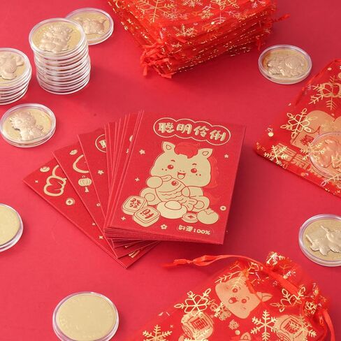 24 Set Chinese New Year Gift Horse Lucky Coins Red Envelopes Bulk 2026 Lunar New Year Gift Feng Shui Red Packet Lucky Contains Chinese Feng Shui Coins with Bag for Spring Festival Party Supplies in Kuwait