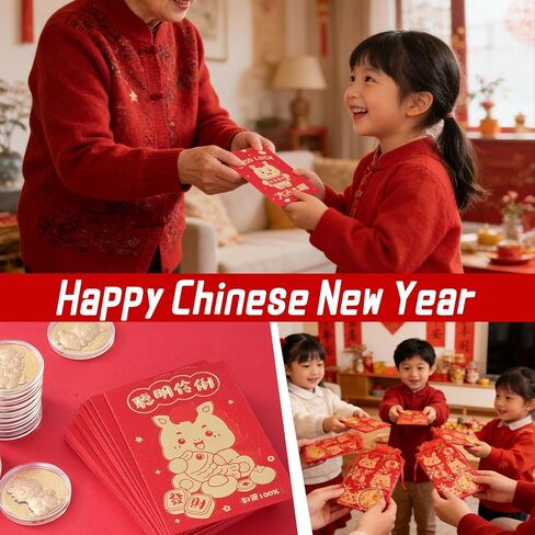 24 Set Chinese New Year Gift Horse Lucky Coins Red Envelopes Bulk 2026 Lunar New Year Gift Feng Shui Red Packet Lucky Contains Chinese Feng Shui Coins with Bag for Spring Festival Party Supplies in Kuwait