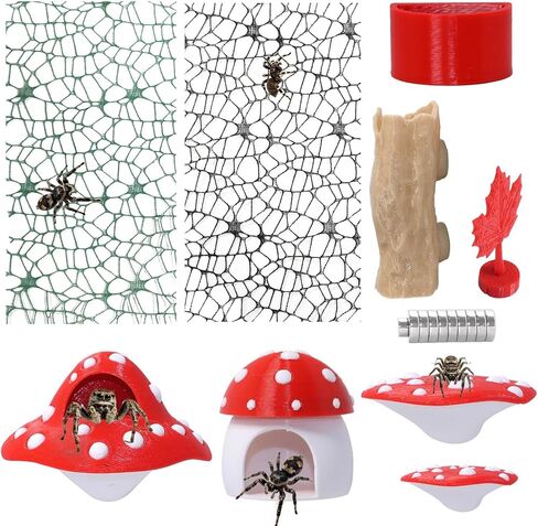 9 Pcs 3D Jumping Spider Enclosure Accessories Set, Red Magnetic Jumping Spider Mushroom Platforms, Climbing Net Trunk Hideouts for Small Pets Terrarium Decor in Kuwait