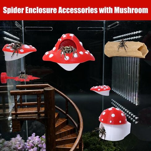 9 Pcs 3D Jumping Spider Enclosure Accessories Set, Red Magnetic Jumping Spider Mushroom Platforms, Climbing Net Trunk Hideouts for Small Pets Terrarium Decor in Kuwait