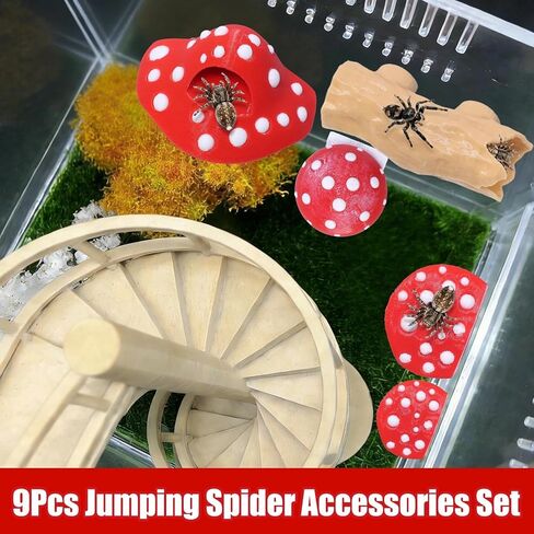 9 Pcs 3D Jumping Spider Enclosure Accessories Set, Red Magnetic Jumping Spider Mushroom Platforms, Climbing Net Trunk Hideouts for Small Pets Terrarium Decor in Kuwait