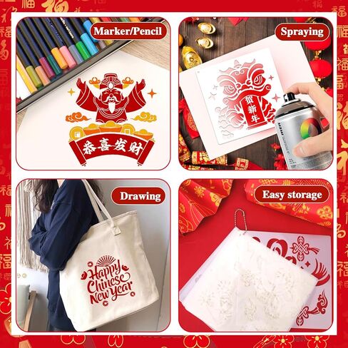 Konsait 16 PCS Lunar New Year Stencils for Painting on Wood, Year of The Horse 2026 Spring Festival Reusable Templates Stencils for Drawing Fabric Chinese New Years Crafts Decorations for Home in Saudi Arabia
