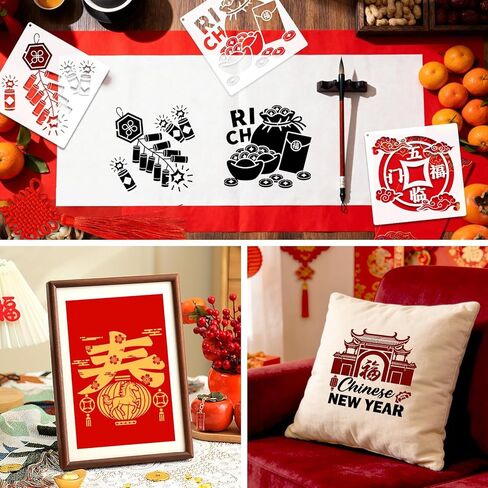 Konsait 16 PCS Lunar New Year Stencils for Painting on Wood, Year of The Horse 2026 Spring Festival Reusable Templates Stencils for Drawing Fabric Chinese New Years Crafts Decorations for Home in Saudi Arabia