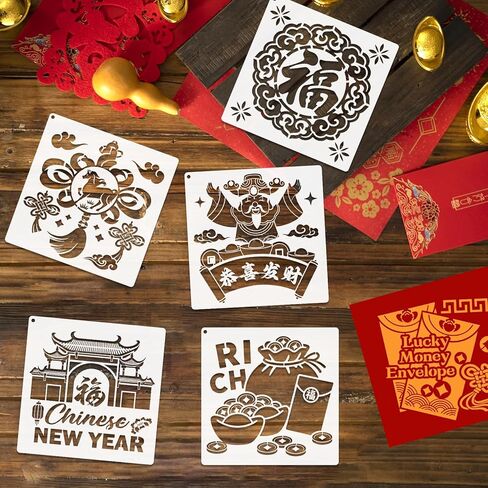 Konsait 16 PCS Lunar New Year Stencils for Painting on Wood, Year of The Horse 2026 Spring Festival Reusable Templates Stencils for Drawing Fabric Chinese New Years Crafts Decorations for Home in Saudi Arabia