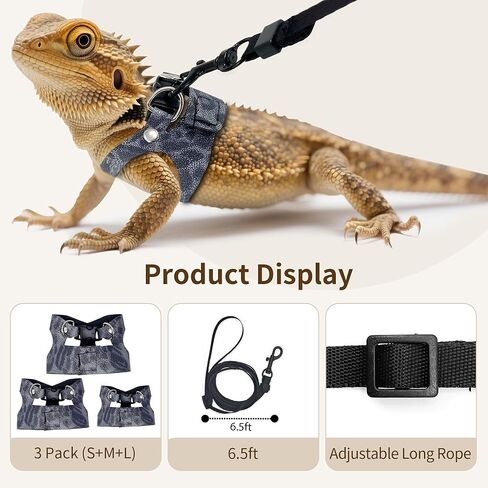 AIITLE 3 Pack Adjustable Bearded Dragon Harness and Leash Set - Leopard Print, Comfort Soft Leather Vest for Lizards, Iguanas, Guinea Pigs, Outdoor Camping & Walking, Blue in Saudi Arabia