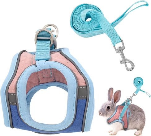 Bunny Harness and Leash Set, Rabbit Leash and Harness Set Escape Proof, Reflective Strips Jacket for Small Rabbit, Puppy, Kitten (Pink and Blue, S) in Kuwait
