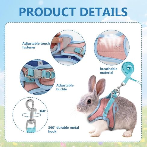 Bunny Harness and Leash Set, Rabbit Leash and Harness Set Escape Proof, Reflective Strips Jacket for Small Rabbit, Puppy, Kitten (Pink and Blue, S) in Kuwait
