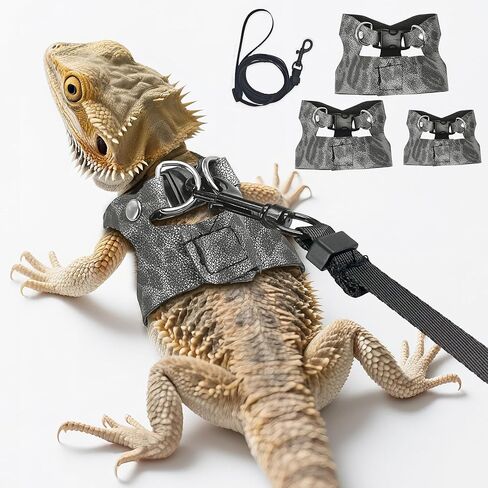 AIITLE 3 Pack Adjustable Bearded Dragon Harness and Leash Set - Leopard Print, Comfort Soft Leather Vest for Lizards, Iguanas, Guinea Pigs, Outdoor Camping & Walking, Blue in Saudi Arabia
