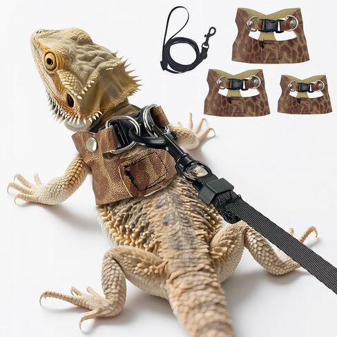 AIITLE 3 Pack Adjustable Bearded Dragon Harness and Leash Set - Leopard Print, Comfort Soft Leather Vest for Lizards, Iguanas, Guinea Pigs, Outdoor Camping & Walking, Blue in Saudi Arabia