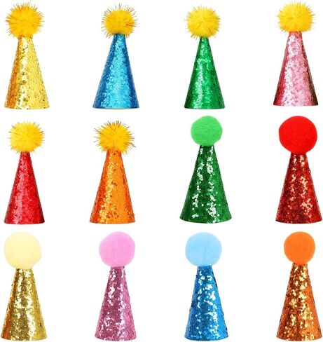 12 PCS Stuffed Animal Party Hats, Mini Birthday Hats for Stuffed Animals, Dog Party Hat Set with Pom Poms and Sequins, Perfect for Pet Birthday Parties and Photo Shoots in Saudi Arabia