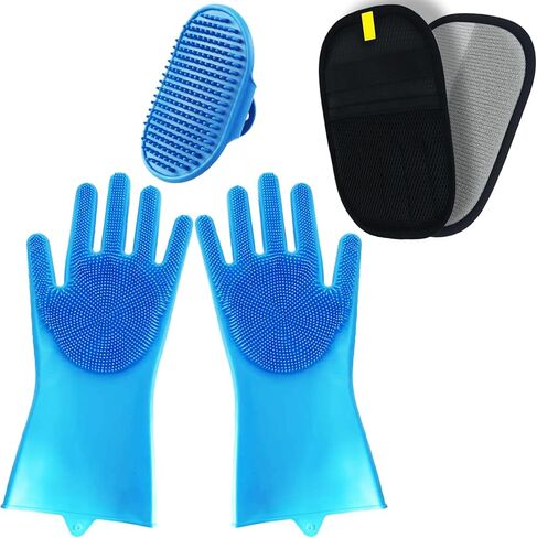 مجموعة العناية بالحيوانات الأليفة مكونة من 3 قطع، وقفاز لإزالة شعر الحيوانات الأليفة | فرشاة حمام الكلب | قفازات العناية بالحيوانات الأليفة، قفازات شعر الحيوانات الأليفة الكهروستاتيكية المطورة حديثًا والقابلة لإعادة الاستخدام وقفازات حمام الكلاب لتصفيف شع in Kuwait
