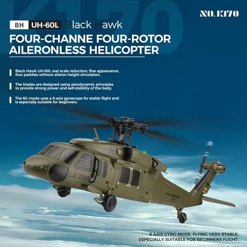 RC Helicopter Model, Wltoys K170 BK Hawk UH-60L 170 Size 4CH Flybarless Helicopter with Adjustable Left and Right Hand Throttle (RTF Version) in Saudi Arabia